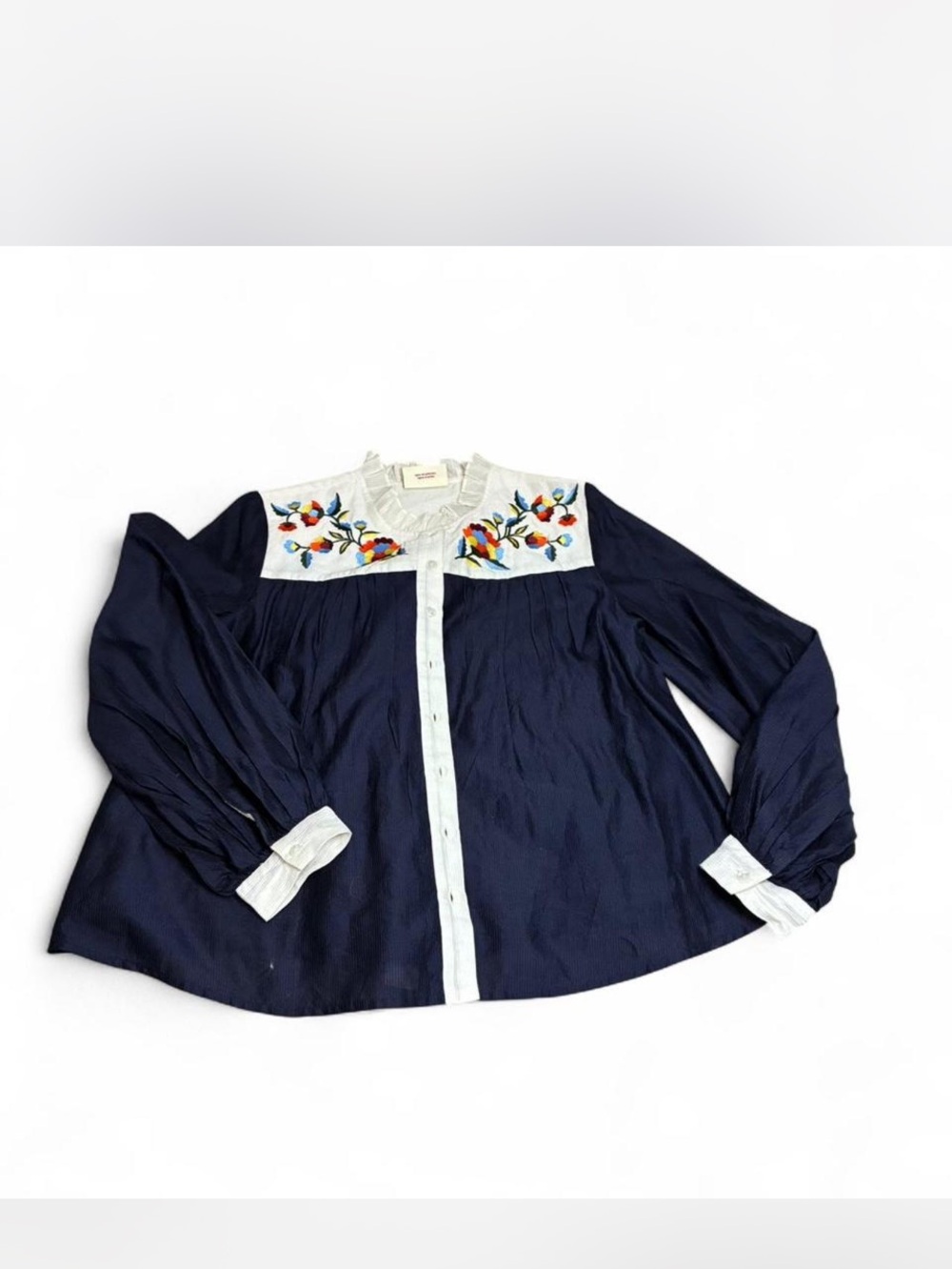 Embroidered Yoke Navy Blouse with White Trim